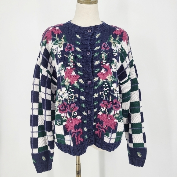 Vintage Maurices Linen Hand Knit Cardigan Sweater Checks Plaid Floral Blue Large - Picture 1 of 9